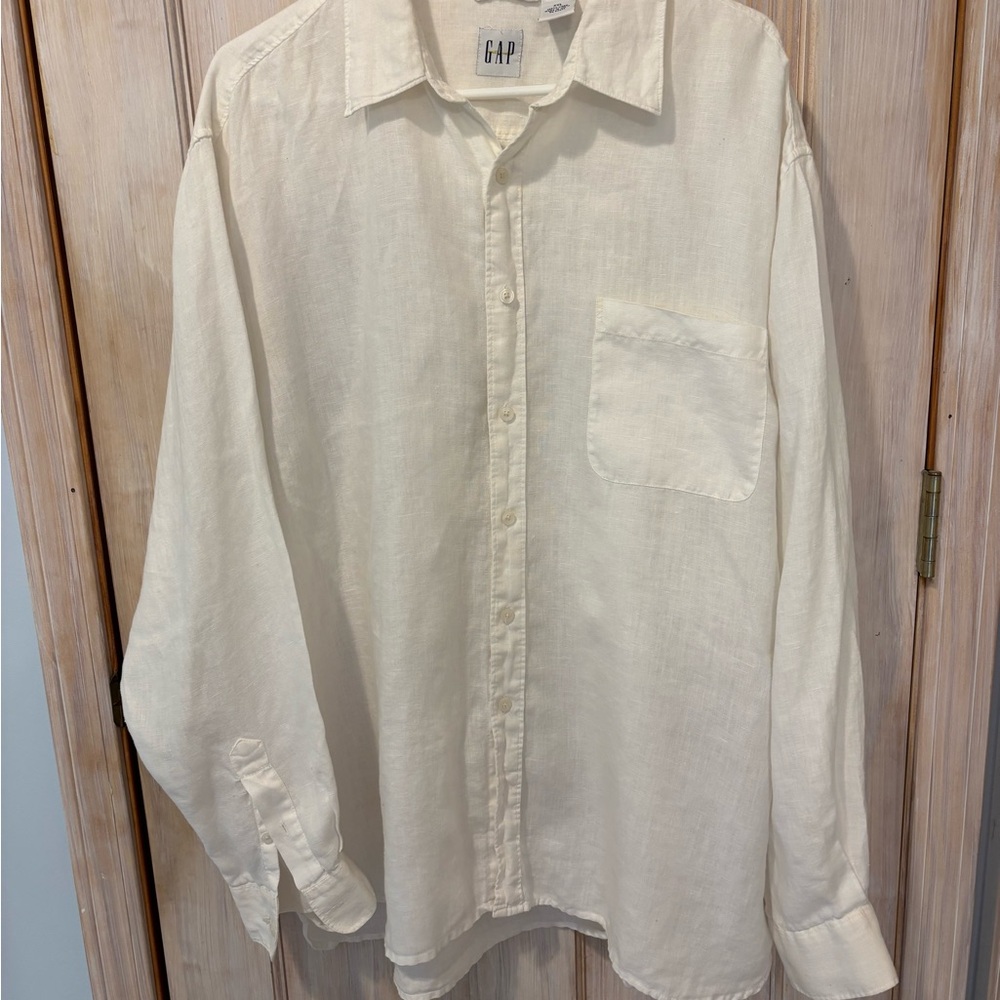 GAP Men's Cream Long-Sleeve Linen Button-Down Shirt